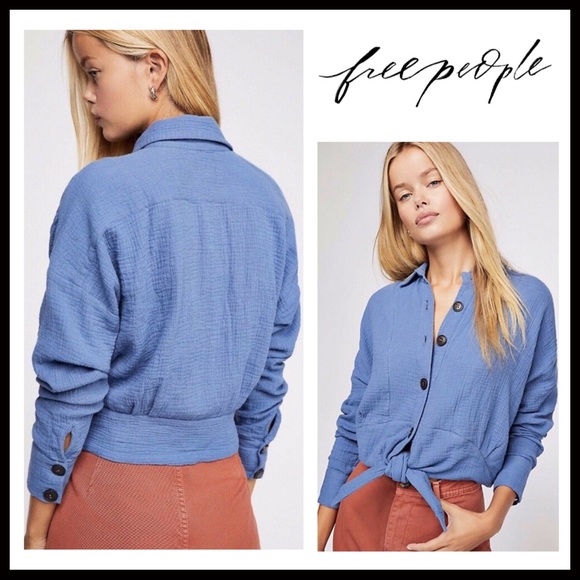 FREE PEOPLE BUTTON DOWN SHIRT TIE CROP TOP A2C - Picture 8 of 16